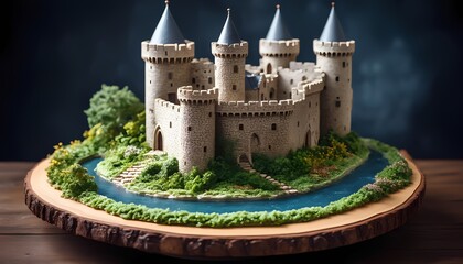 Intricate medieval castle cake design with moat on wooden base