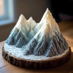 Realistic mountain-shaped cake with textured icing on wooden baseboard indoors