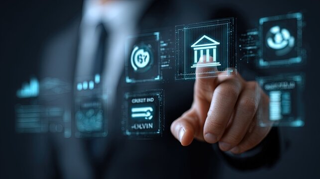 Fintech concept with businessman selecting digital banking interface icons for secure transactions, credit rating, and finance management