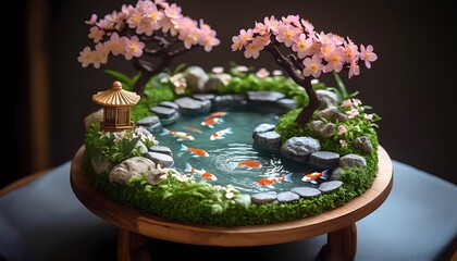 Miniature zen garden with koi pond and cherry blossom trees on table