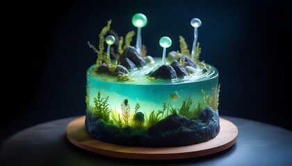 Creative conceptual cake with glowing wilderness and enchanted forest elements at night