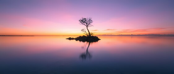 Solitary tree on calm island during colorful sunset over tranquil lake