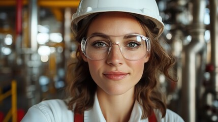 A confident young female engineer wearing safety gear smiles for the camera in an industrial setting, representing empowerment and professionalism in engineering careers.