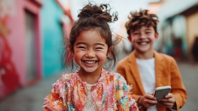 Two joyful children showcase genuine happiness amidst colorful street art, capturing the energy of youth and the vibrancy of urban life.