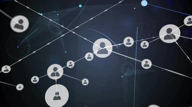 Central avatar node appearing triggers avatars forming clusters as blue flare shows network growth