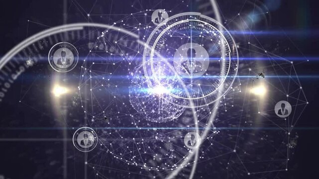 Node cluster coalescing into wireframe sphere, pulsing expanding HUD rings visualizing user network