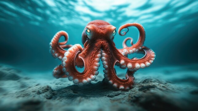 A striking red octopus gracefully swims through azure waters, showcasing marine life’s beauty and the captivating allure of the underwater world’s serene environment. - Powered by Adobe