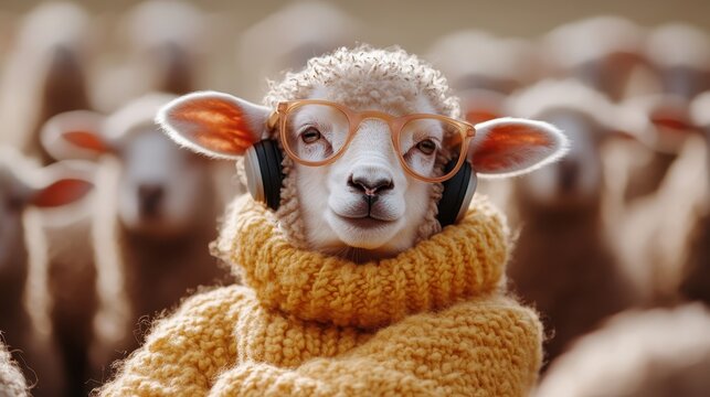 A whimsical sheep donning oversized glasses and a knitted sweater, surrounded by its flock, adding a playful twist to the natural charm of farm animals in an adorable and amusing way.