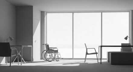 Fototapeta premium Empty room with a wheelchair near a large window and sun shining on floor. Disability accessibility concept. Interior design.