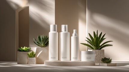 Elegant arrangement of white cosmetic bottles and containers on a surface with plant decorations and geometric shapes under soft studio lighting.