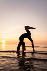 Silhouette of a beautiful woman in a graceful pose against the backdrop of a seascape. A young...