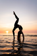 Silhouette of a beautiful woman in a graceful pose against the backdrop of a seascape. A young...