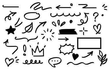 A collection of hand drawn doodle elements including arrows hearts stars and other graphic symbols