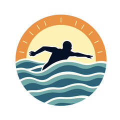 Swimming badge with silhouette athlete swimming freestyle against sunrise. Ideal for summer swim clubs and sport identity