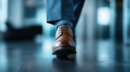 Fototapeta premium A close-up of a brown leather shoe confidently stepping on a modern floor, signifying professionalism and elegance in a business or formal setting.