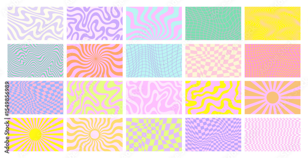 Poster Set Of Cool Y2k Geometric Bright Backgrounds. Trendy Groovy Abstract Psychedelic Patterns Collection Vector Design.