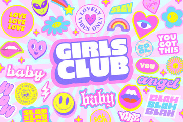 Obraz na płótnie Canvas Girls Club Stickers Collage Vector Design. Cool Y2k Girly Background Pop Art Illustration.