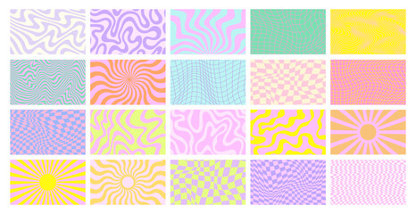 Obraz na płótnie Canvas Set Of Cool Y2k Geometric Bright Backgrounds. Trendy Groovy Abstract Psychedelic Patterns Collection Vector Design.