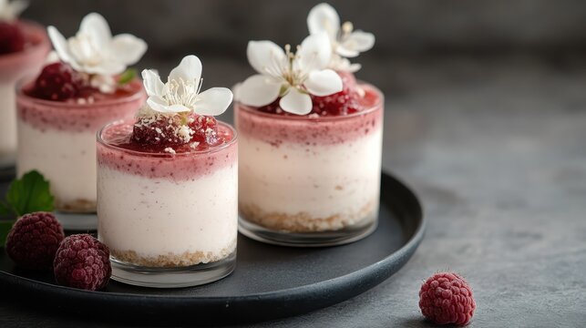 A visually stunning raspberry dessert intricately garnished with edible flowers, showcasing the artistic flair of modern culinary presentation and appealing to gourmet tastes.