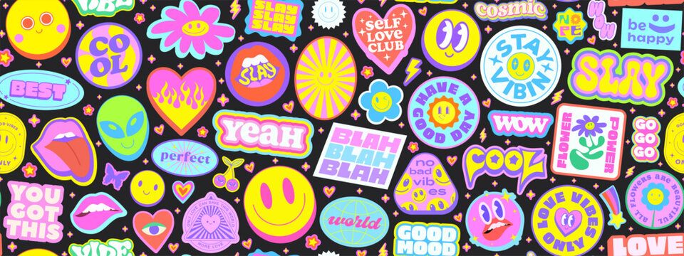 Cool Y2k Stickers Collage Seamless Pattern Vector Design. Trendy Pop Art Groovy Funny Patches Illustration. Comic Girl  Cute Badges Background.