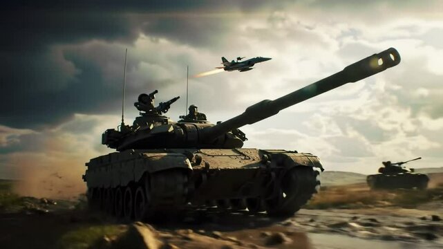 Dramatic Military Scene Tank, Fighter Jet, and Soldiers Under a Stormy Sky. War preparation 4k video, HD video