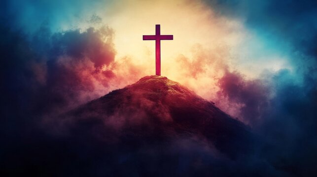 Cross on Mountaintop Dramatic Cloudscape, Faith, Hope, Spiritual Imagery Christian Cross, Religious Art