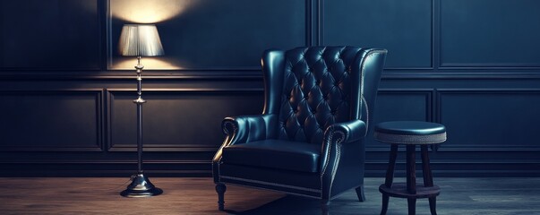 Dark Blue Room Leather Chair, Floor Lamp and Stool, interior design, home decor