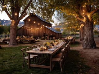 Charming autumn dinner under twinkling lights by rustic barn.