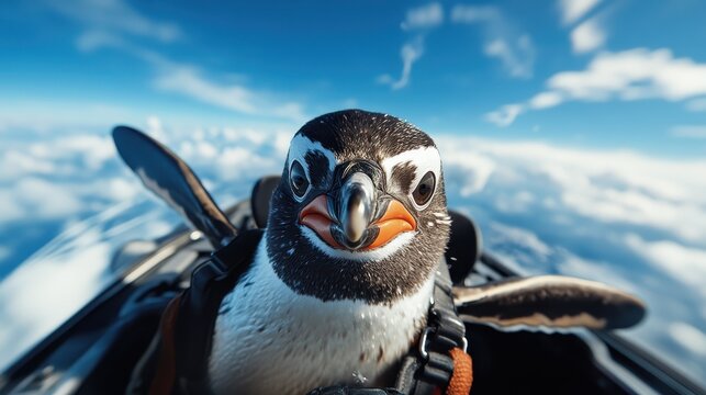 A playful penguin captures an adventurous moment as it seemingly skydive among the soft clouds, showcasing the whimsical nature of animals and their unique charm. - Powered by Adobe