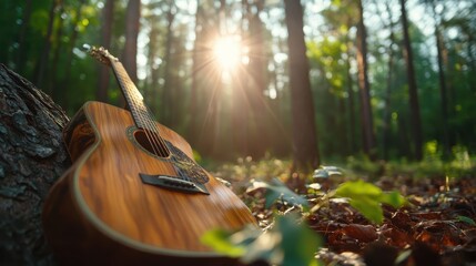 Obraz premium An acoustic guitar is positioned against a tree trunk in a sunlit forest, symbolizing a moment of peace and creativity, inviting the viewer to explore music in nature's embrace.