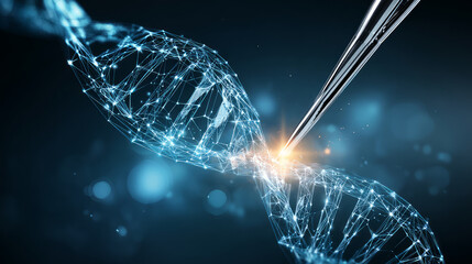 Blue DNA double helix with water molecule blue background. Human genetic research DNA, laboratory environment. Abstract image of human genetics, which glowing DNA strands merge with digital elements
