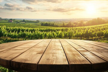 Empty, beautiful, round wooden tabletop counter on an interior in a clean and bright vineyard field