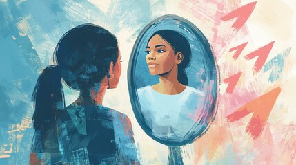 Young woman looking into a mirror and seeing