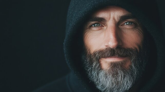 A mature man with a charming beard and a hoodie gives a thoughtful smile against a dark background, reflecting wisdom, confidence, and a touch of mystery.