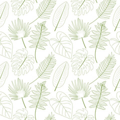 Fototapeta premium Seamless vector pattern with monstera, palm leaves. Outline drawing. Perfect for textiles, wallpapers, wrapping paper. Botanical pattern with tropical leaves.