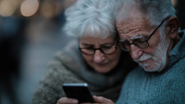 Two elderly individuals with glasses enjoy exploring content on a smartphone, creating a joyful atmosphere that highlights connection and modern technology.