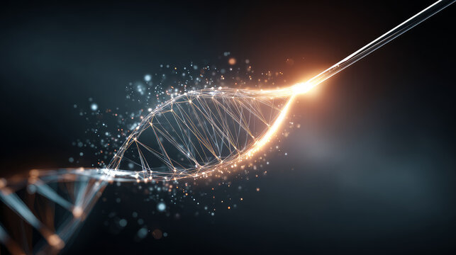 DNA double helix with water molecule on blue background. Human genetic research DNA, laboratory environment. Abstract image of human genetics, in which glowing DNA strands merge with digital elements.