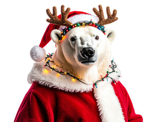 Polar Bear Santa with Reindeer Antlers, Whimsical Christmas Character, isolated on transparent background PNG