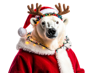 Polar Bear Santa with Reindeer Antlers, Whimsical Christmas Character, isolated on transparent background PNG