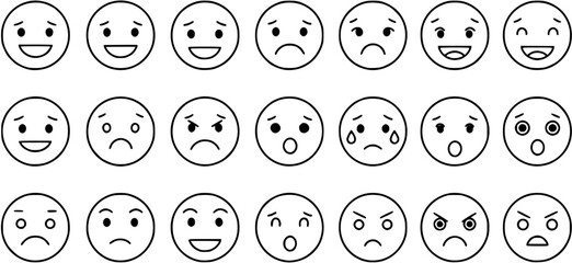 Flat linear emoji faces icons set - vector art featuring diverse facial expressions.
