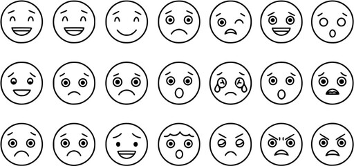 Flat linear emoji faces icons set - vector art featuring diverse facial expressions.
