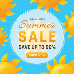 Summer Sale Banner Design with Cute Suns on Blue Sky Background Vector Illustration.