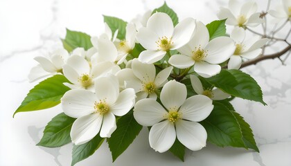 Obraz premium Blooming white flowers with green leaves on soft background, ideal for spring visuals, botanical designs, floral backgrounds, greeting cards, and fresh nature inspired branding