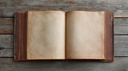 Fototapeta premium Overhead view of an open old book with blank pages.