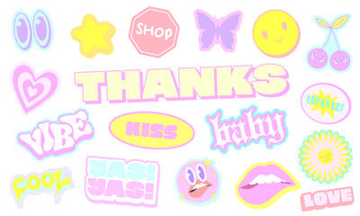 Cool Thanks Funky Background. Pop Art Stickers Collage Illustration Vector Design.