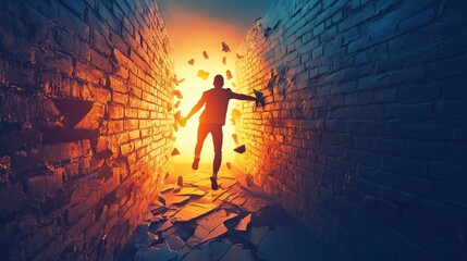 Silhouette of person breaking through a wall label