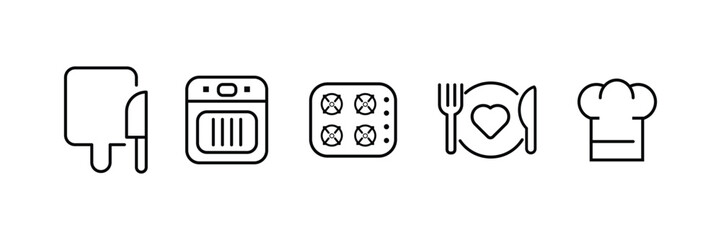Food icon collection. Containing meal, restaurant, dishes icon. Kitchen utensil - pan, oven, cookbook, saucepan, weight, chef hat, blender, glass crockery, casserole. Vector Illustration. 