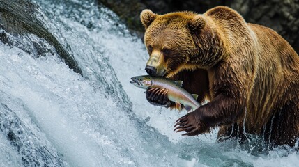 Grizzly bear catching salmon