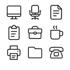 Office Icon Set – 9 Black and White Vector Symbols for Workplace and Productivity

