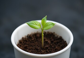 Small Green Plant Sprout Growing in a White Cup on Dark Background, 32k Resolution
